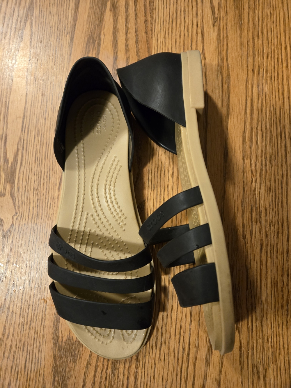 CROCS Black and Tan Strappy Open-Toe Sandals - Picture 2 of 5